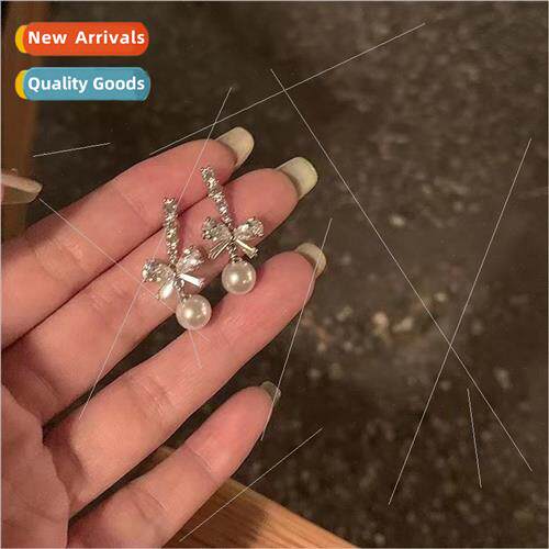 s925 zirconia bow pearl pendant earrings female high-level n