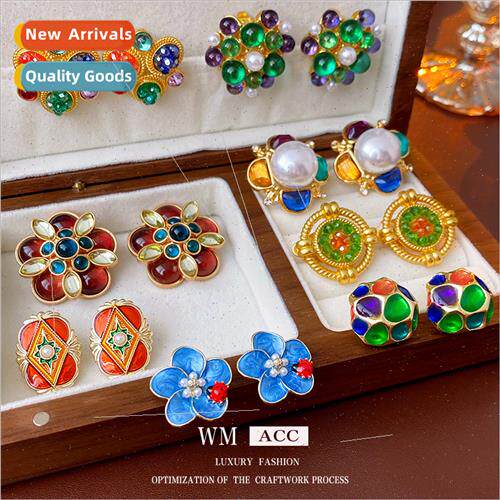 Antique Earrings Fashion Colorful Flower lver Pin Earrings V