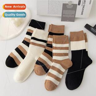 2023 Autumn and winter new socks female brown striped stacke