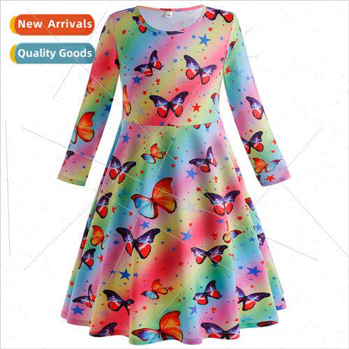 2023 Autumn Girls Long Sleeve Dress Europe Butterfly Printed