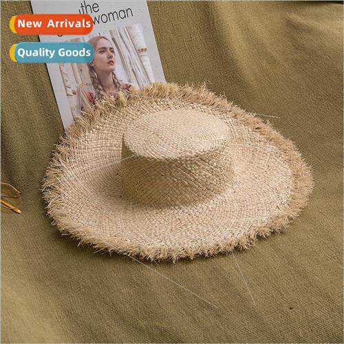 New raffia flat cap fur trimmed straw hat out beach sun scre