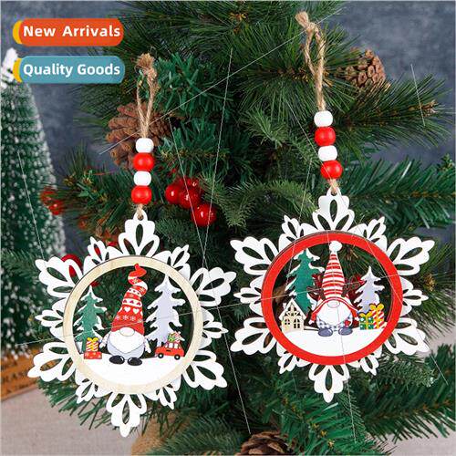 New triple wooden snowflake charm faceless old man gnome Chr