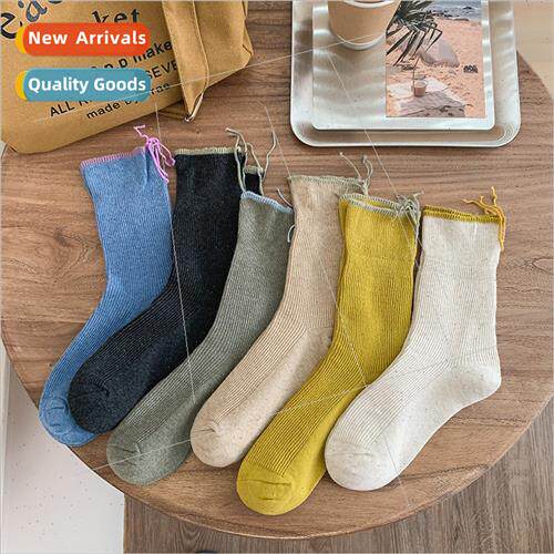Fried set  Korea color-coded cuff design mid-calf socks ins