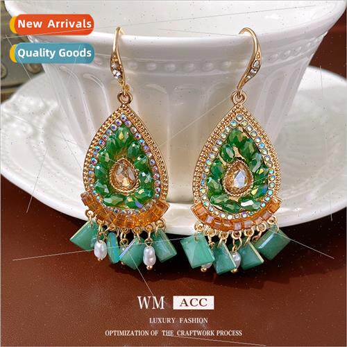 Ethnic inlaid diamond water drop tassel ear hook earrings fa