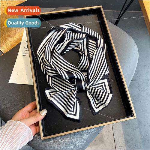New striped printed simulation silk small silk scarf winter