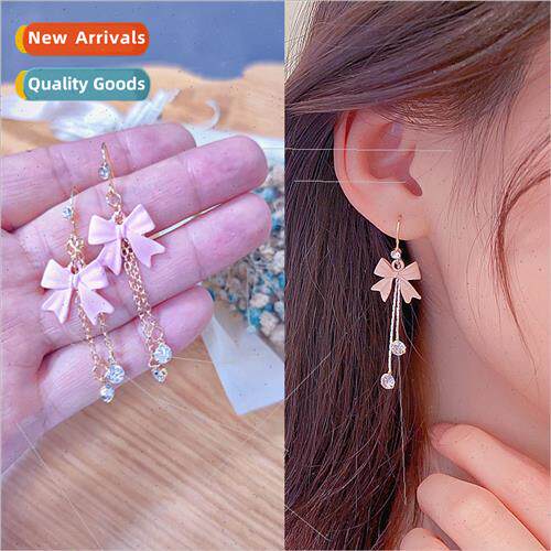 New pink bow tassel diamond earrings versatile gentle wind n