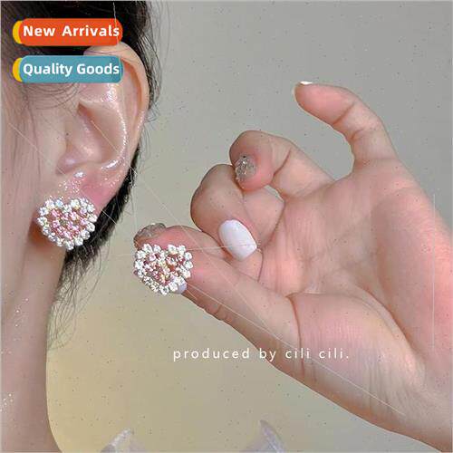 Fashion Spring Autumn sweet flash diamond pink heart earring