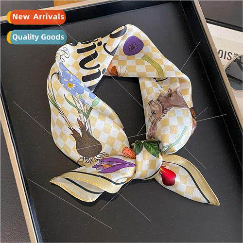 2023 Korea  checkerboard grid rabb silk square scarf female