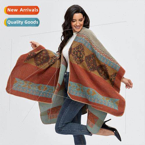 Women cape shawl 2021 fall winter retro open warm faux cashm