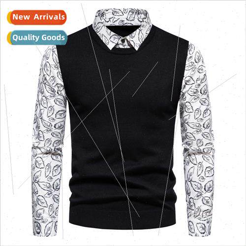 2023 Fall New Printed Sleeve Shirt Collar Fake Twopcs Slim K