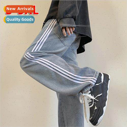 jeans men 2023 spring fall loose three bar wide-leg high set