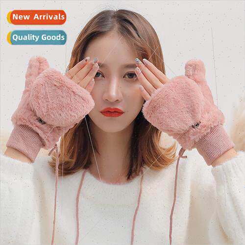 Winter women plush half finger warm gloves outdoor new doubl