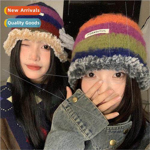 Plush hat autumn winter female Japan h color striped basin c