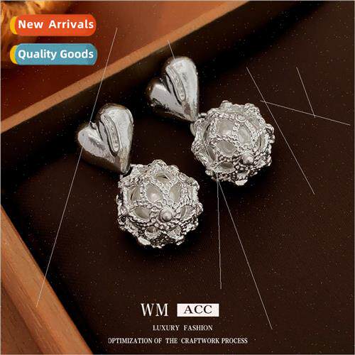 lver needle heart hollow flowers pearl earrings niche earrin
