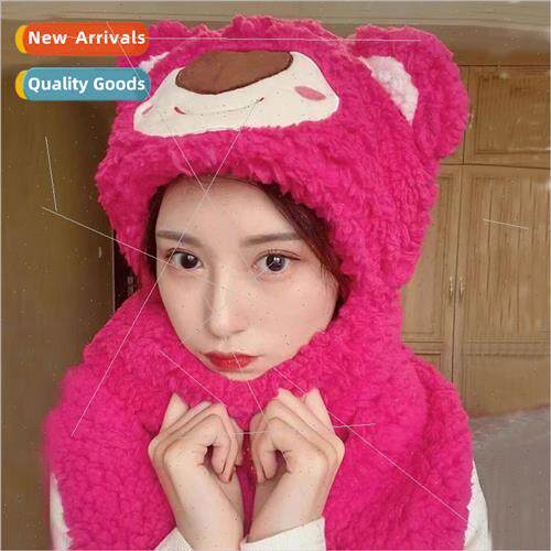 Cute strawberry bear lamb wool warm hat scarf gloves all-in-