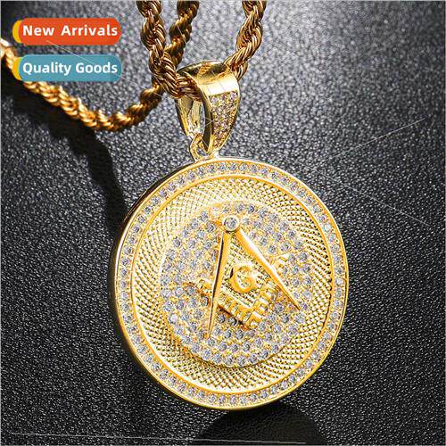 Hip Hop wh Zirconia Gold Color Masonic Pendant Necklace