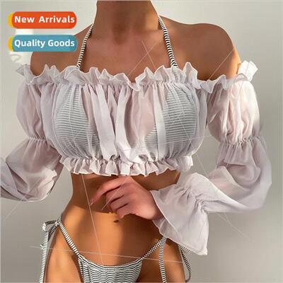 2022 New Europe Whe Chiffon Long Sleeve Top Wrinkled Coverup
