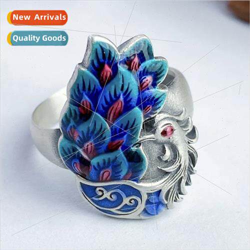 Enamel phoenix ring female retro do old burnt blue peacock o