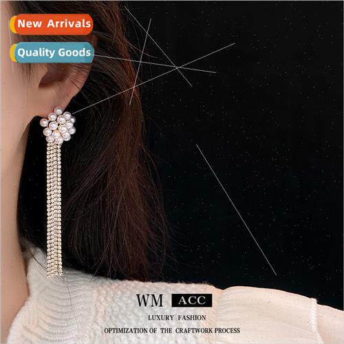 silver needle pearl tassel earrings Europe long earrings fas