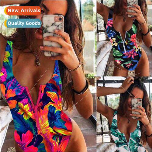 Europe Sexy Bikini Zipper Stripe One Piece Swimsu i