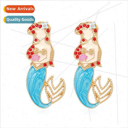 alloy diamond mermaid earrings retro oil drop character mode