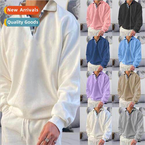 2022 Men Autumn Winter Sweatshirt Solid Color Lapel Loose Lo