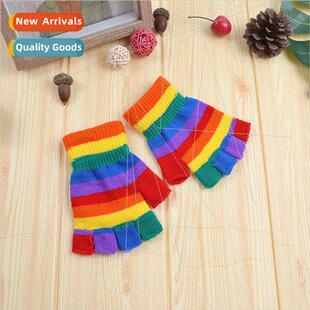knted wool spl Children half gloves finger rainbow