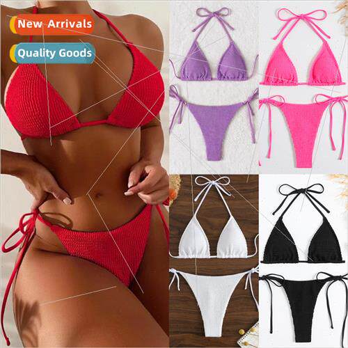 2024 New Swimsu Women Europe Bikini Solid Color Swimsu Trian