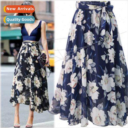 Big ze Floral Chiffon Half-body Skirt Mid-length Big Swing S