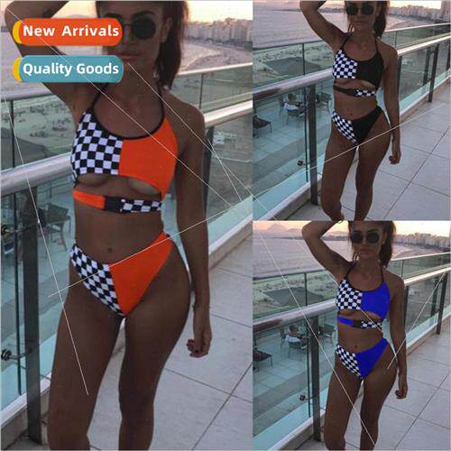 3 Color Black and Whe Plaid Patchwork Socket Spl Bikini Swim