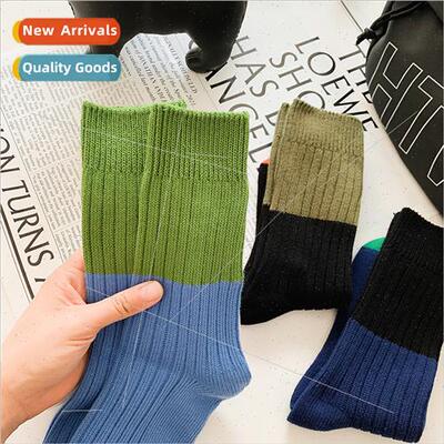Japan color blocking thick line socks men women ins autumn w