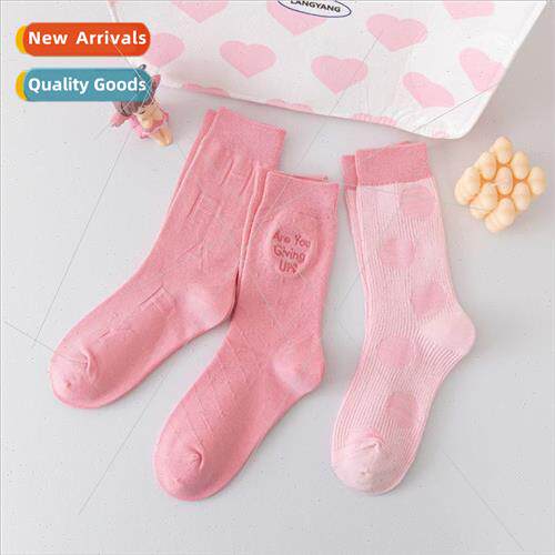 Pink embroidery socks womens mid-calf socks autumn and winte