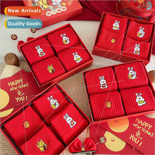 Ms. red socks gift box socks cartoon rabb year embroidery pe