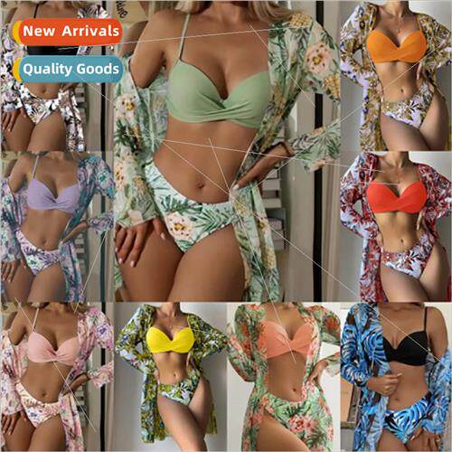 New three-piece bikini cover-up 2022Europe new floral ladies
