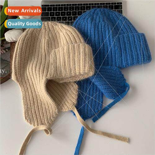 Rabb hair ear protection knted hat women fall winter rolled