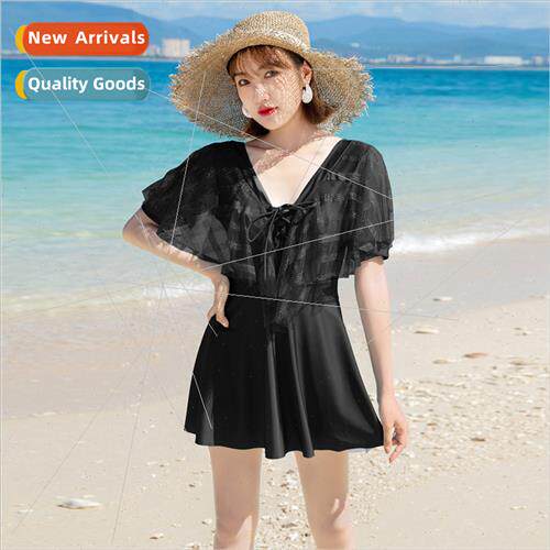 New swimsu female black lace one-piece conservative flat ang