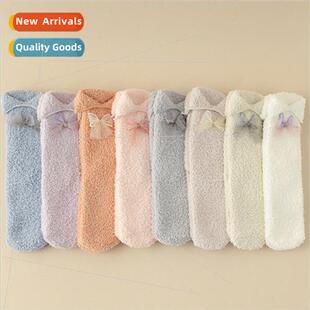 New rolled coral velvet socks female lace bow solid color mi