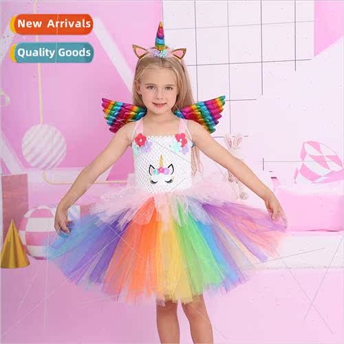 Europe girls unicorn mesh puffy dress new childrens dresses