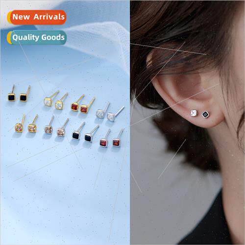 S925 silver mini square earrings small geometric square rais