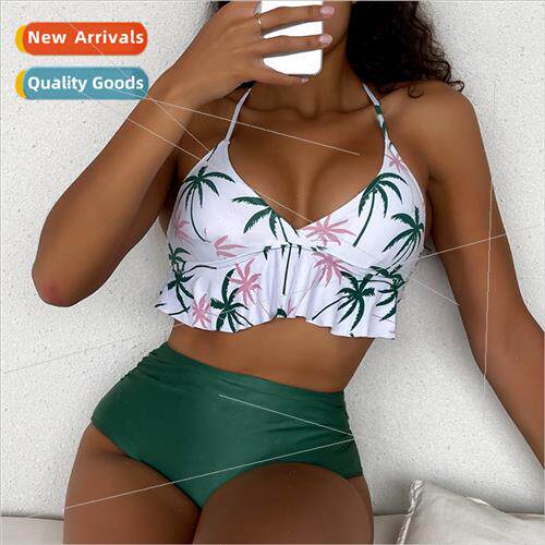 2021Europe new color blocking ruffle high waist sexy bikini