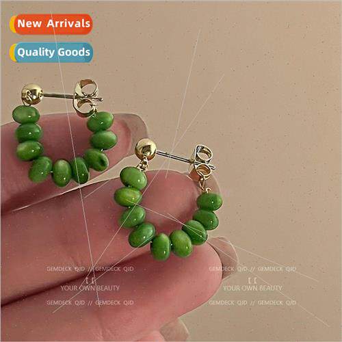 Green cat eye stone earrings tide earrings female niche spri