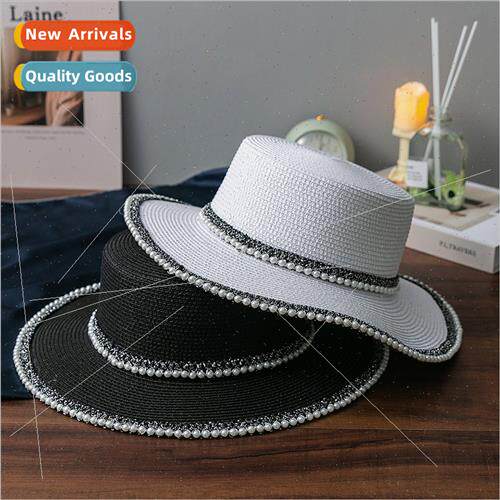 Korea  pearl wh diamonds flat top straw hat straw wide brim
