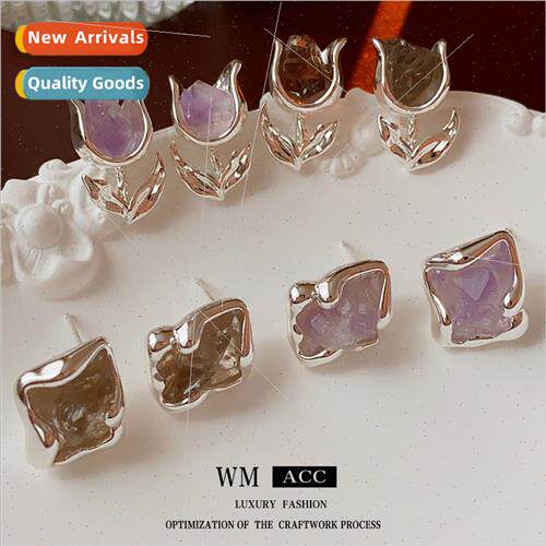 lver needle flower irregular crystal earrings simple wild ea