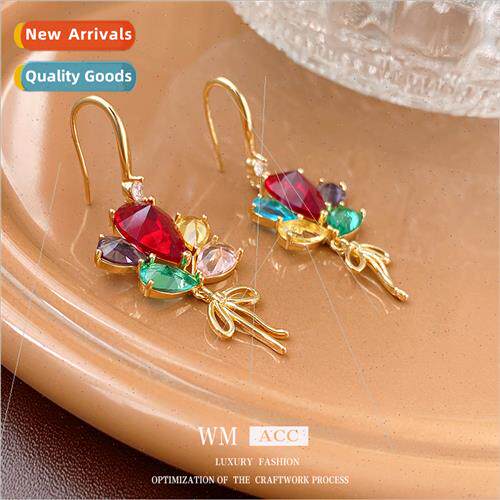 Colorful Zirconia Flower Bow Ear Hooks French Earrings Earri
