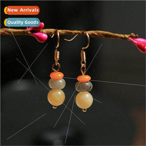 Retro round colorful natural stone ear hooks 2023 new tide n
