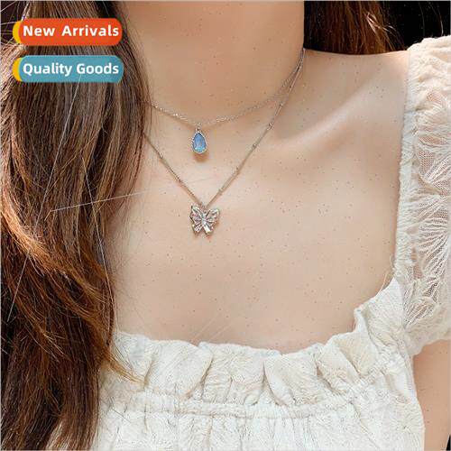 Blue water drop butterfly zirconia retro niche simple fairy