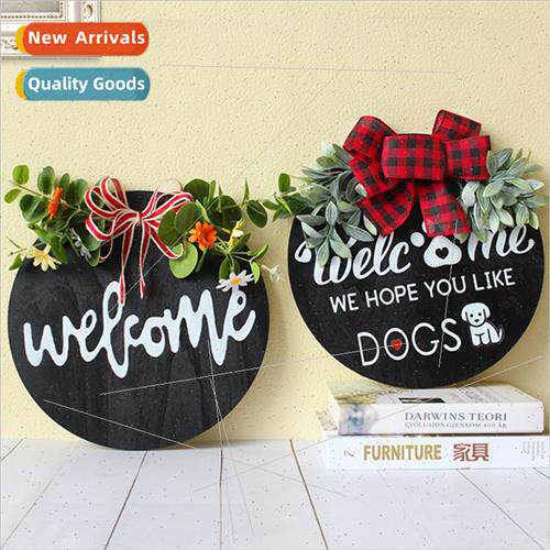DIY Wooden Round Door Plaque Plaid Bow Hanging Home Wall Wel