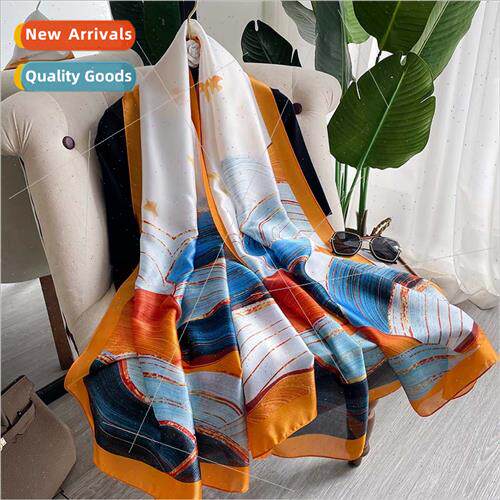 Sea wave illustration gold silk edge large scarf simulation
