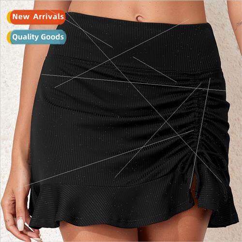 summer new womens swim trunks solid color high waist pleated