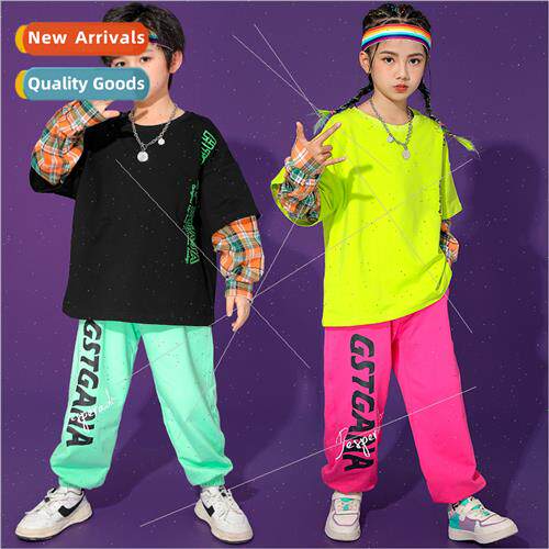 Hip Hop Kids Set Dance Costume Loose Plaid Long Sleeve Hipho